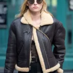 Elsa Hosk B3 Shearling Brown Leather Jacket front