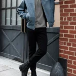 Front Mens Major League Blue bomber Suede Jacket