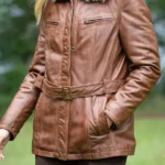 Front Womens Brown Tirril Belted Leather Coat