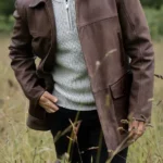 Garth Collared Brown Leather Coat front