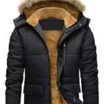 Men Warm Fur Inside Black Puffer Jacket with Detachable Hood front