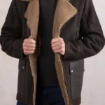 Mens Britannia Asymmetric Zip Brown Sheepskin Coat front