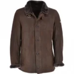 Mens Classic Sheepskin Brown Leather Coat front