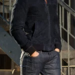 Mens Dalston Navy Suede Leather Bomber Jacket