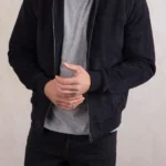 Mens Dalston Navy Suede Leather Bomber Jacket front