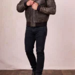 Mens Fellfoot Brown Leather Aviator Jacket front