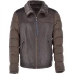 Mens Padded Sheepskin Brown Leather Jacket front