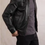 Mens Renwick Collared Black Leather Jacket