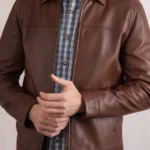 Mens Renwick Collared Brown Leather Jacket front