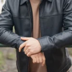 Mens Renwick Collared Navy Leather Jacket front