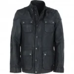 Mens Safari Style Black Leather Jacket Front