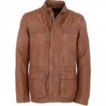 Mens Safari Style Brown Leather Jacket Front