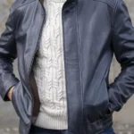 Mens Swinside Leather Bomber Navy Jacket