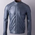 Mens Swinside Navy Leather Bomber Jacket front