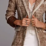 Old-Money Textured Tweed Leather Cuff Detail Blazer