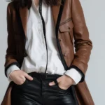 Retro Color-blocked Flap Pocket Brown Faux Leather Blazer