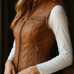 Retro Stand Collar Zipper-up Faux Brown Leather Waistcoat