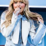 Sabrina Carpenter Coachella 2024 Moto Blue Leather Jacket front