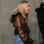 Sabrina Carpenter Cropped Brown Shearling Trimmed Jacket