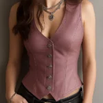 Sharp V-Neck Black Eco Leather Waist-cinched PINK Waistcoat