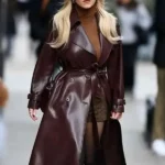 Sydney Sweeney Maroon Leather Coat