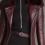 Wine Red Eco-Leather Long Coat With Faux Fur