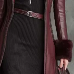 Wine Red Eco-Leather Long Coat With Faux Fur Collar & Cuffs