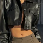 Women Faux Black Leather Cropped Jacket