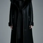 Women Fur Trim Warm Lined Hooded Eco Leather Trench Coat