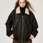 Women Lamb Wool Collar Leather Jacket