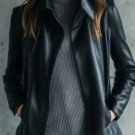 Women Simple Lapel Solid Color Faux Leather Jacket