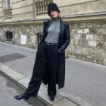 Womens Black Long Leather Coat front