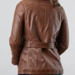 Womens Brown Tirril Belted Fur collar Leather Coat back