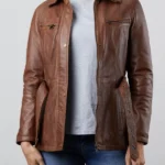 Womens Brown Tirril Belted Leather Coat front