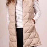 Womens Lakeside Hooded Beige Leather Gilet front