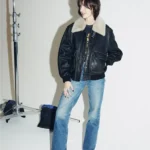 Womens Shearling Black Leather Bomber Jacket front