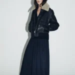 Womens Shearling Leather Black Bomber Jacket