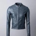 Womens Thea French Navy Leather Jacket front