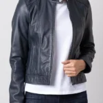 Womens Thea Leather Jacket in French Navy front