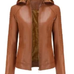 Women's Thick Hooded Warm Brown Leather Jacket