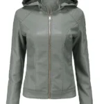 Women's Thick Hooded Warm Grey Leather Jacket