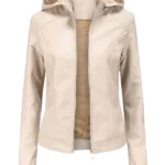 Women's Thick Hooded Warm White Leather Jacket