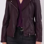 Womens Thirlmere Purple Leather Biker Jacket front