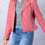 Womens Thornhill Pink Leather Biker Jacket