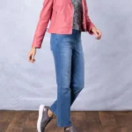 Womens Thornhill Pink Leather Biker Jacket front