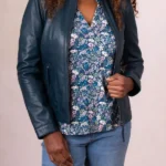 Womens Threlkeld Blue Leather Jacket front