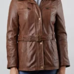 Womens Tirril Belted Fur Collar Leather Coat front