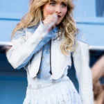 front Sabrina Carpenter Coachella 2024 Moto Blue Leather Jacket