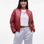 Cherry Red Faux Leather Bomber Jacket