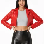 Eandarui Red Solid Leather Moto Biker Cropped Jacket